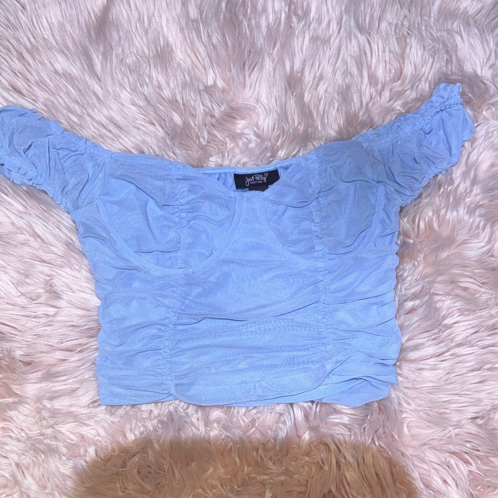 Ruched Light Blue Off-Shoulder Crop Top